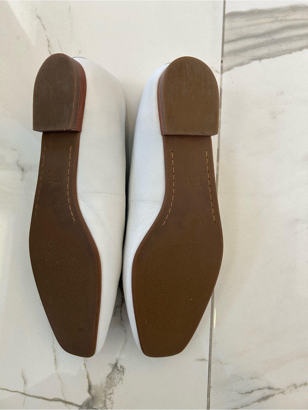 Frye White Leather Slip-On Flats with Brown Soles